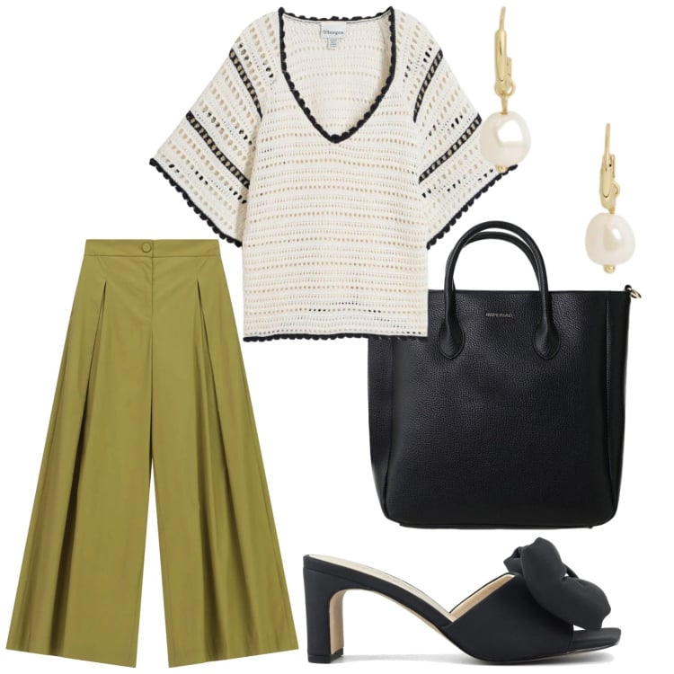 Outfit donna - Total look #2416354. Stile Glamour per Ufficio. Abbinamento con maglieria, borse a tracolla, pantaloni a palazzo, orecchini, sandali col tacco.