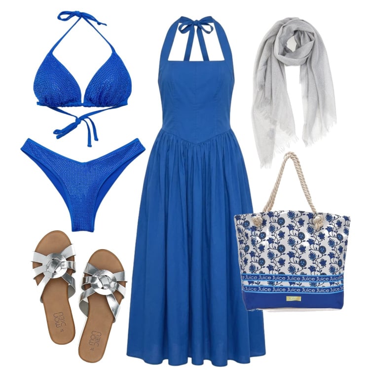 Outfit donna - Mare bluette scintillante. Stile Trendy per Mare. Abbinamento con vestiti lunghi, bikini, bikini, foulard, ciabatte, shopping bag.