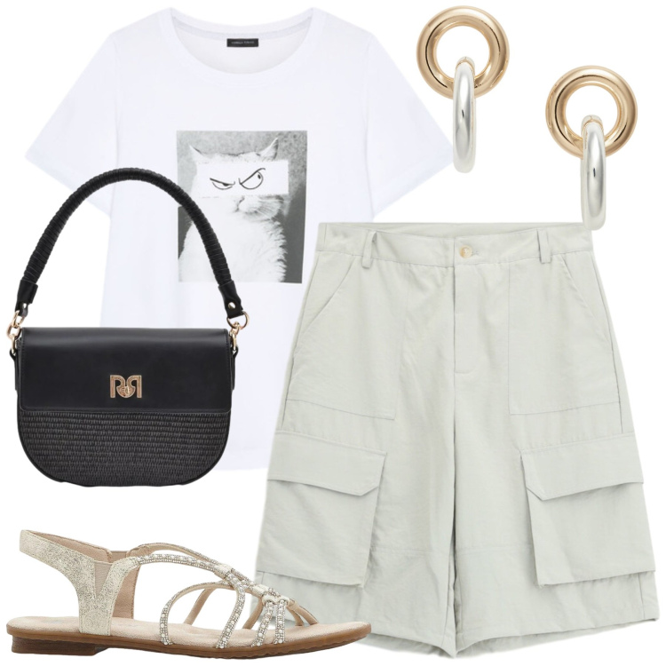 Outfit donna - Total look #2416362. Stile Casual chic per Tutti i giorni. Abbinamento con sandali, bermuda, borse a spalla, t-shirt, orecchini.