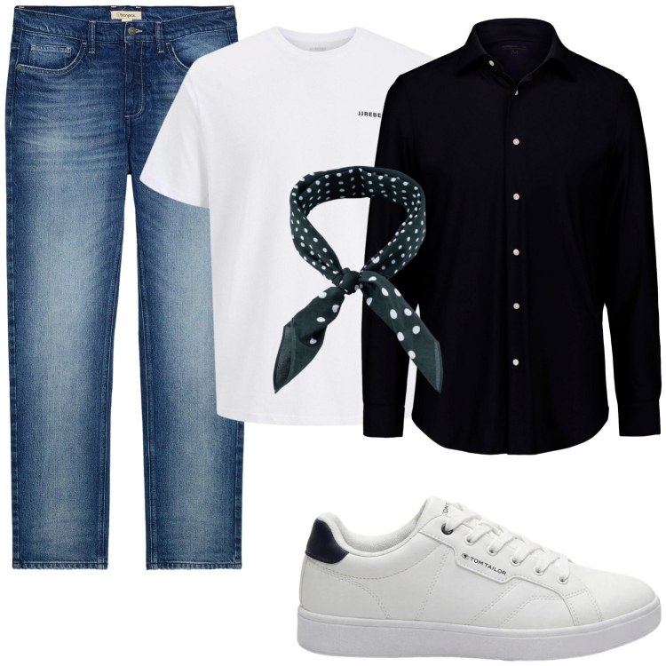 Outfit uomo - Bianco e nero. Stile Casual per Tutti i giorni. Abbinamento con jeans dritti, sneakers, t-shirt, sciarpe e foulard, camicie.