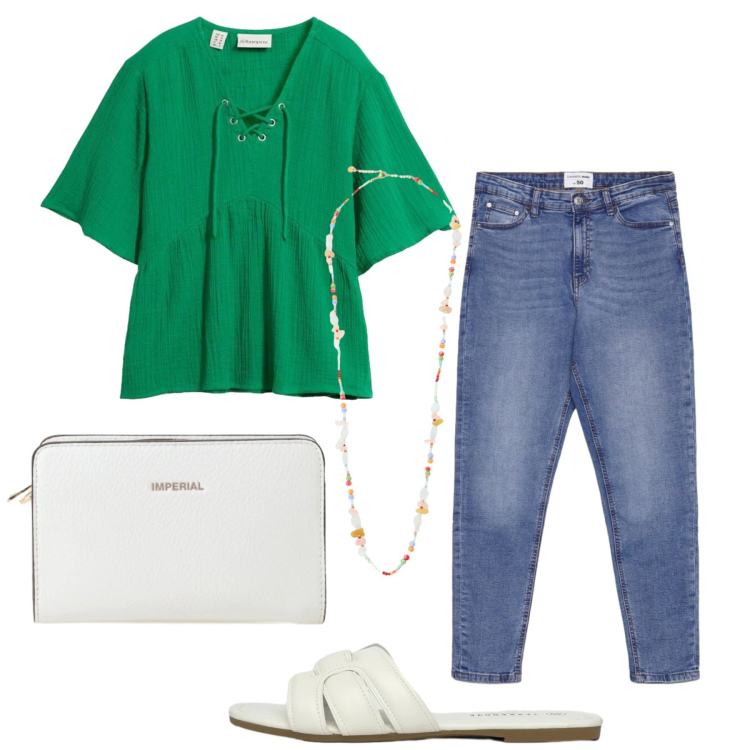 Outfit donna - Total look #2416367. Stile Basic per Tutti i giorni. Abbinamento con bluse, jeans skinny, ciabatte, collane, borse a tracolla.