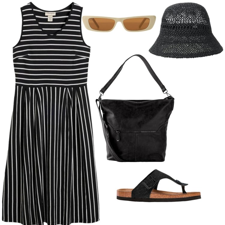 Outfit donna - Sole. per Tutti i giorni. Abbinamento con vestiti midi/longuette, borse a spalla, infradito, occhiali da sole, cappelli.