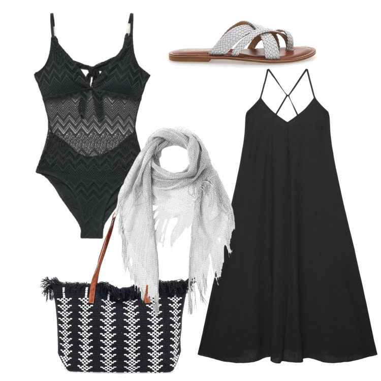 Outfit donna - Spiaggia black e glitter. Stile Trendy per Mare. Abbinamento con costumi interi, vestiti da spiaggia, vestiti lunghi, ciabatte, borse tote.