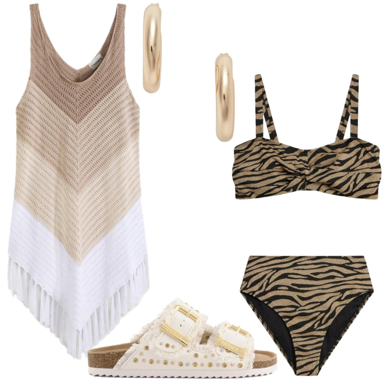 Outfit donna - Total look #2416372. Stile Trendy per Mare. Abbinamento con vestiti da spiaggia, bikini, orecchini, sandali.