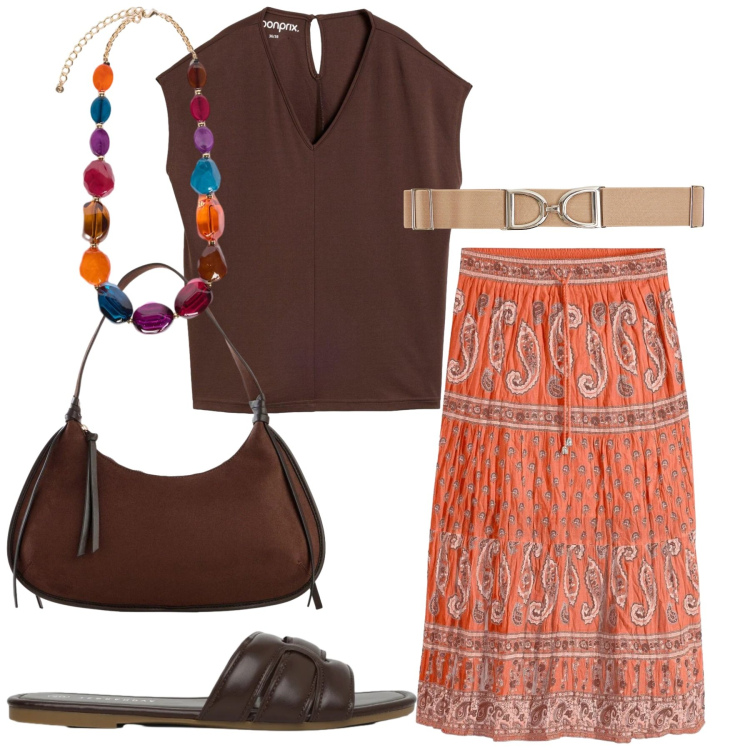Outfit donna - Total look #2416379. Stile Etnico per Tutti i giorni. Abbinamento con gonne lunghe, canottiere, borse a tracolla, cinture, ciabatte, collane.