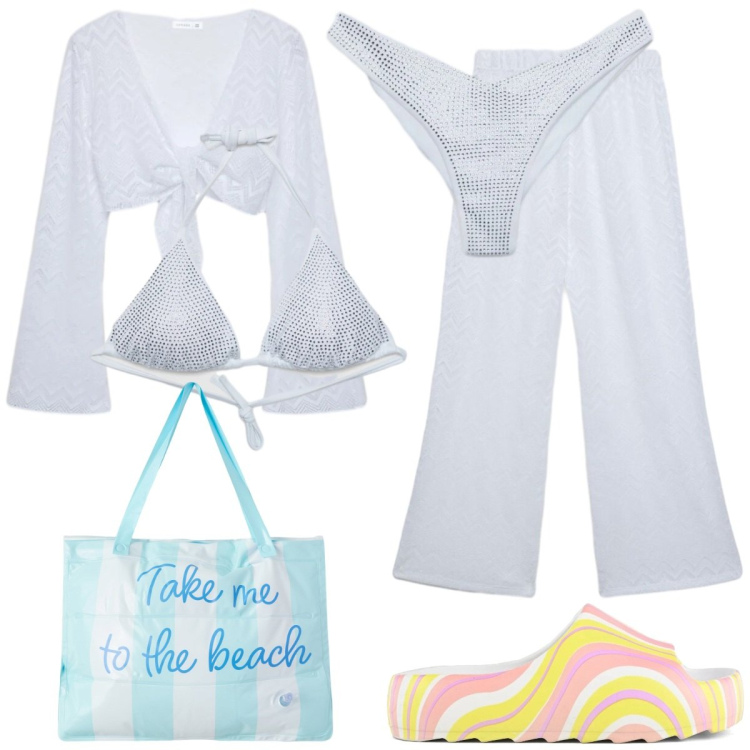 Outfit donna - White. Stile 70s per Mare. Abbinamento con pantaloni, top, bikini, borse tote, bikini, ciabatte.