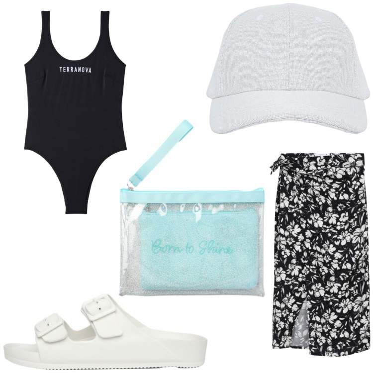 Outfit donna - Black and White. Stile Casual per Mare. Abbinamento con cappelli con visiera, vestiti da spiaggia, pochette, ciabatte, costumi interi.