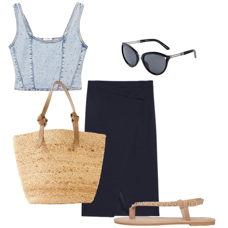 Outfit donna - Borsa in paglia. Stile Bon Ton per Tutti i giorni. Abbinamento con shopping bag, occhiali da sole, ciabatte, canottiere, gonne longuette.