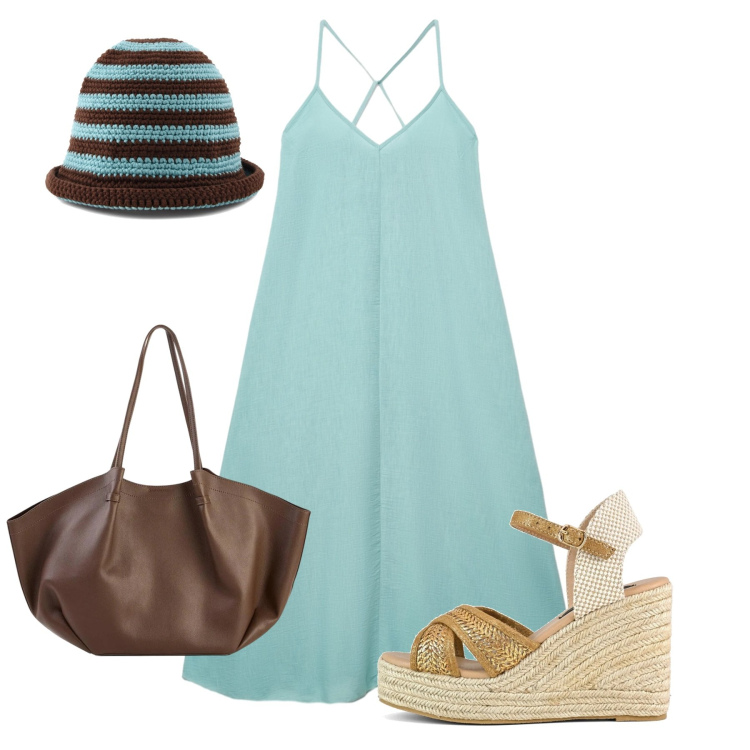 Outfit donna - Col cappellino. Stile Bon Ton per Tutti i giorni. Abbinamento con shopping bag, vestiti lunghi, zeppe, berretti.