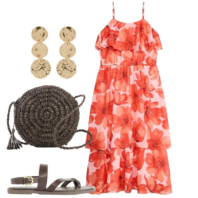 Outfit donna - Fiori accesi. Stile Romantica per Tutti i giorni. Abbinamento con borse a tracolla, sandali, vestiti, orecchini.