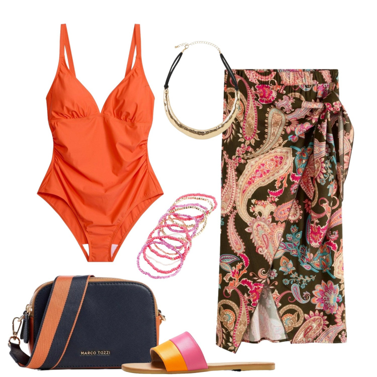 Outfit donna - Il costume come top. Stile Boho per Tutti i giorni. Abbinamento con ciabatte, borse a tracolla, braccialetti, costumi interi, gonne longuette, collane.