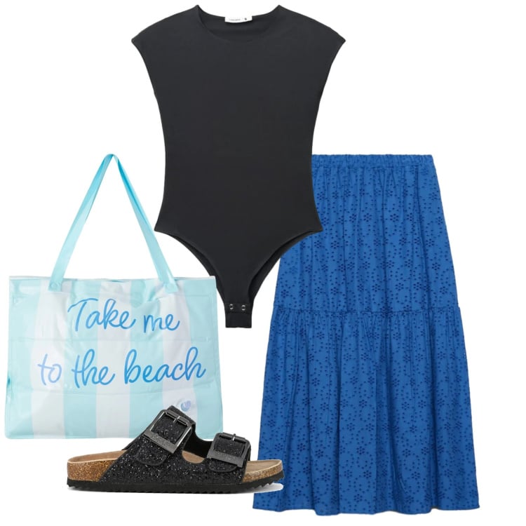 Outfit donna - Qzzurrissimo e nero. Stile Basic per Tutti i giorni. Abbinamento con top, borse tote, gonne lunghe, sandali.