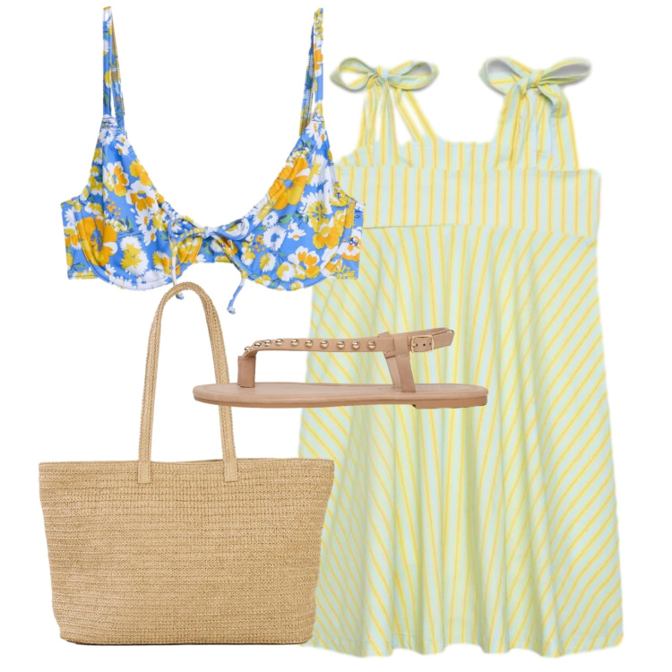 Outfit donna - Il prendisole. Stile Bon Ton per Tutti i giorni. Abbinamento con bikini, shopping bag, vestiti corti, ciabatte.