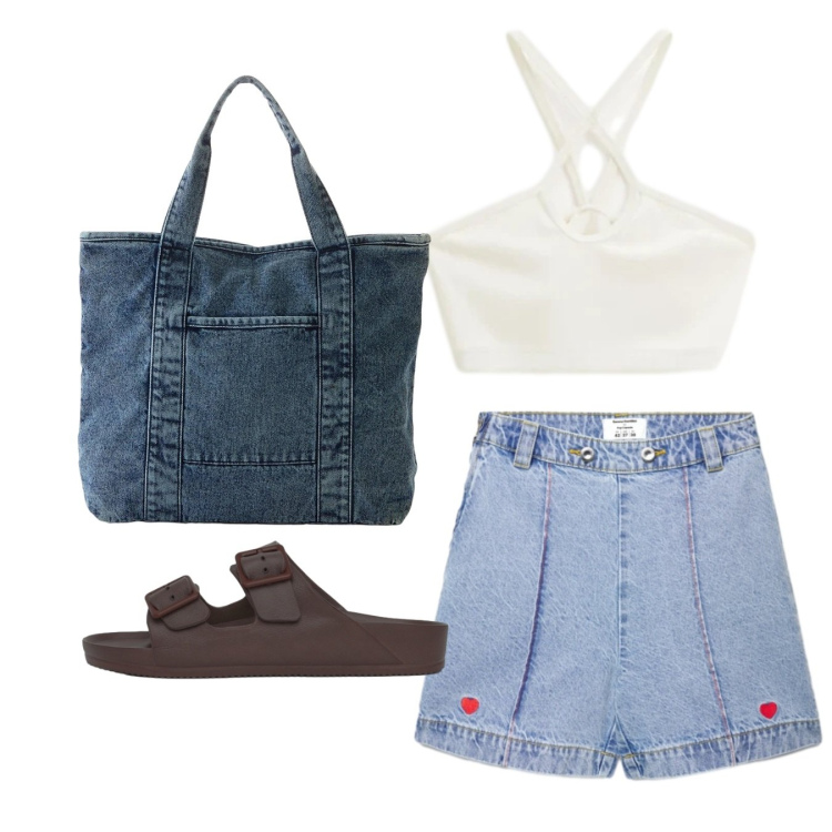 Outfit donna - Urban summer. Stile Urban per Tutti i giorni. Abbinamento con shopping bag, ciabatte, shorts, top.