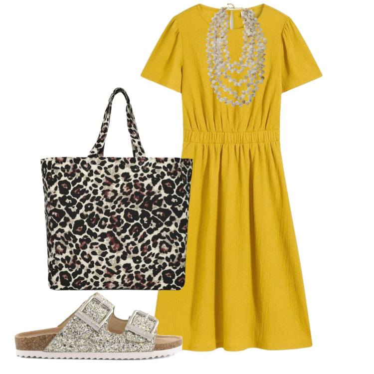 Outfit donna - Giallo a giugno. Stile Bon Ton per Tutti i giorni. Abbinamento con vestiti, shopping bag, collane, sandali.