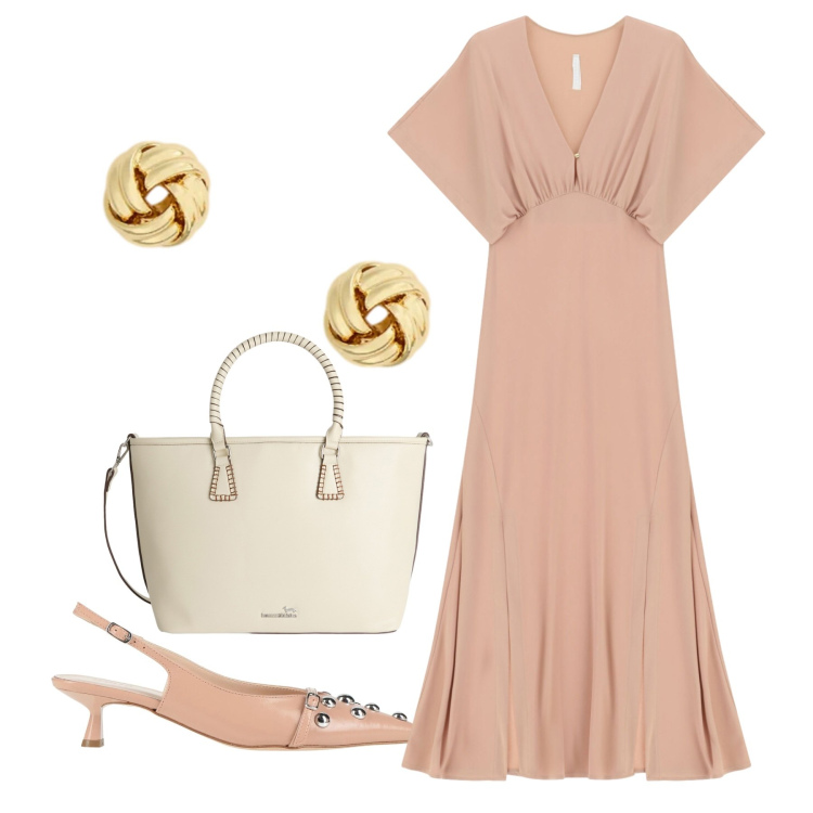Outfit donna - Cerimonia cipria. Stile Chic per Cerimonia. Abbinamento con décolleté, vestiti lunghi, shopping bag, orecchini.