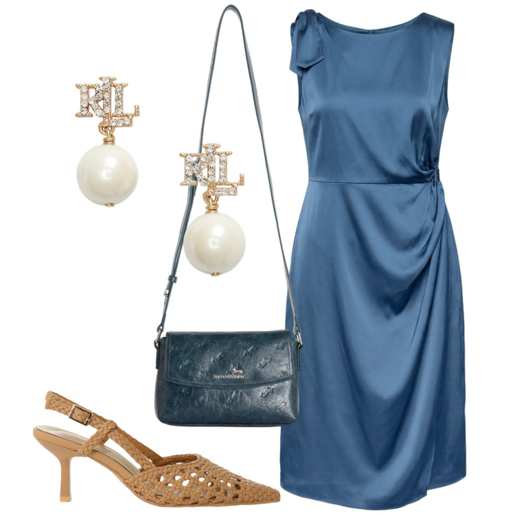 Outfit donna - Blu navy. Stile Chic per Cerimonia. Abbinamento con décolleté, borse a tracolla, vestiti midi/longuette, orecchini.