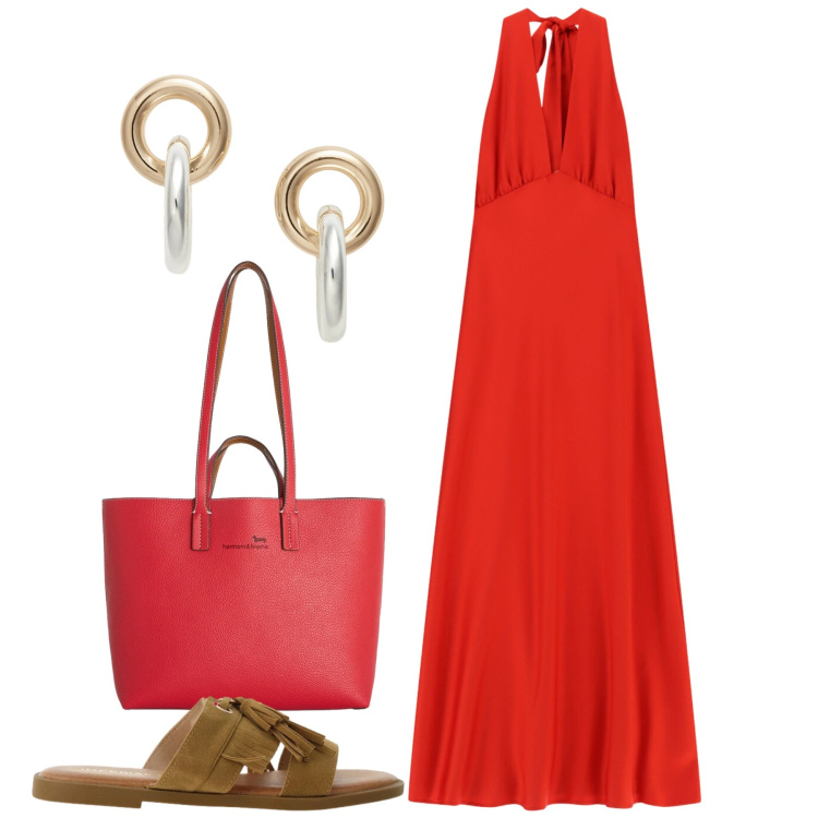 Outfit donna - All red. Stile Chic per Tutti i giorni. Abbinamento con sandali, vestiti lunghi, shopping bag, orecchini.