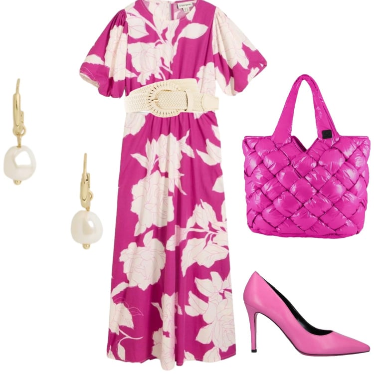 Outfit donna - Sera. per Serata fuori. Abbinamento con décolleté, cinture, vestiti lunghi, orecchini, borse tote.