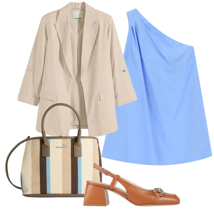 Outfit donna - Giacca e monospalla. Stile Chic per Tutti i giorni. Abbinamento con décolleté, blazer, vestiti asimmetrici, shopping bag.