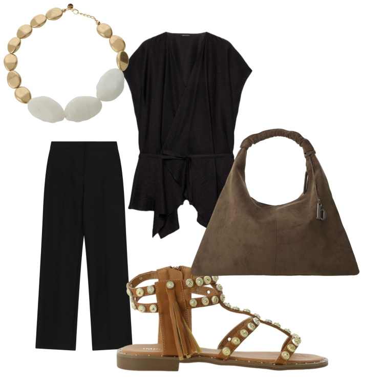 Outfit donna - Libero. Stile Casual look ideale per Petite. Abbinamento con pantaloni a palazzo, sandali, caftani, borse a spalla, collane.