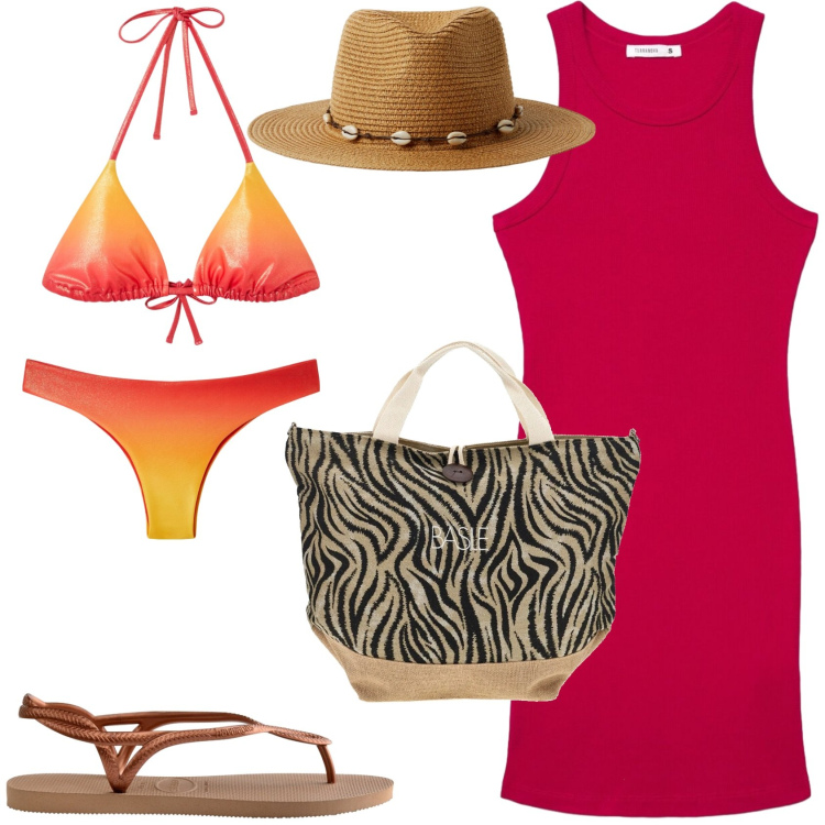 Outfit donna - Una giornata in spiaggia. Stile Trendy per Mare. Abbinamento con cappelli, bikini, bikini, vestiti midi/longuette, infradito, shopping bag.