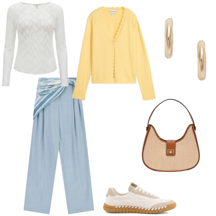 Outfit donna - Oggi shopping. Stile Minimal per Tutti i giorni. Abbinamento con cardigans, pantaloni a palazzo, borse a spalla, bluse, orecchini, sneakers.
