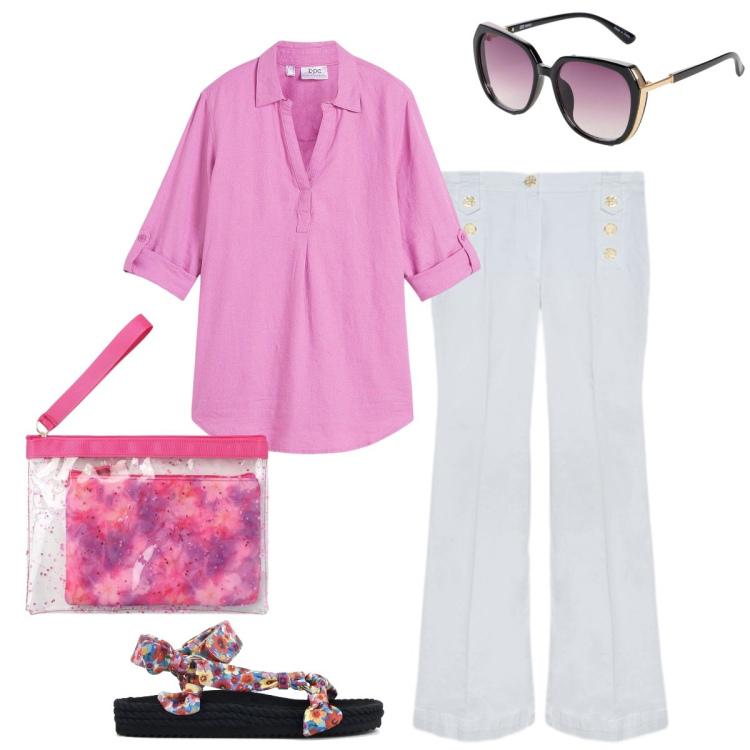 Outfit donna - Il colore è vita. Stile Glamour per Tutti i giorni. Abbinamento con bluse, occhiali da sole, pochette, jeans, sandali.