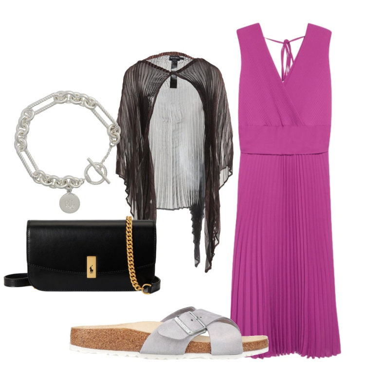 Outfit donna - Per la serata scelgo il color ciclamino. Stile Chic per Serata fuori. Abbinamento con sandali in pelle, cappe, vestiti lunghi, braccialetti, clutch.