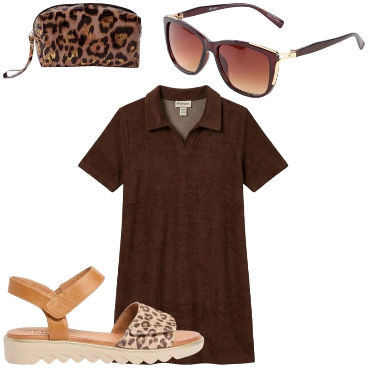 Outfit donna - Abito midi comodo. Stile Chic per Tutti i giorni. Abbinamento con occhiali da sole, sandali, vestiti midi/longuette, pochette.