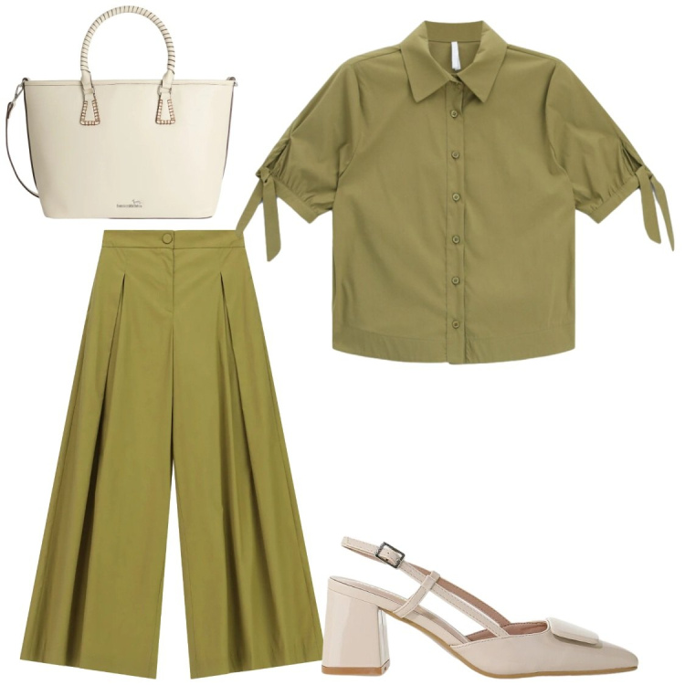 Outfit donna - A lavoro. Stile Chic per Ufficio. Abbinamento con pantaloni a palazzo, camicie a manica corta, décolleté, shopping bag.
