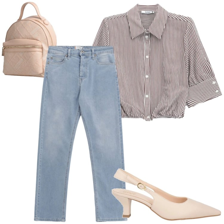 Outfit donna - Jeans e tacco basso a lavoro. Stile Chic per Ufficio. Abbinamento con décolleté, zaini, jeans, camicie.