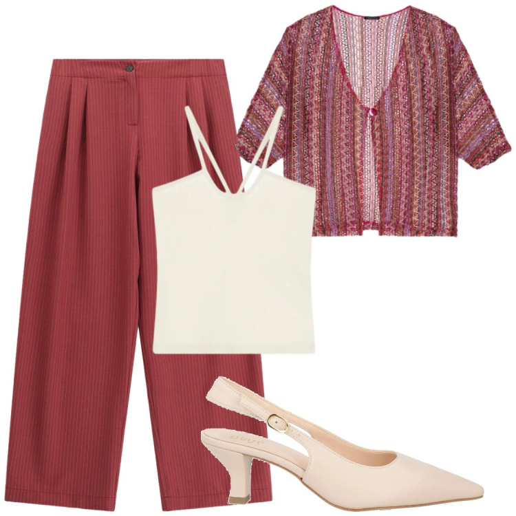 Outfit donna - Lunedì a lavoro. Stile Chic per Ufficio. Abbinamento con décolleté, canottiere, pantaloni a palazzo, kimono.