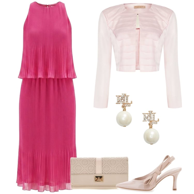 Outfit donna - Il vestito è una corolla. Stile Chic per Cerimonia. Abbinamento con bolero, vestiti midi/longuette, orecchini, décolleté, portafogli.