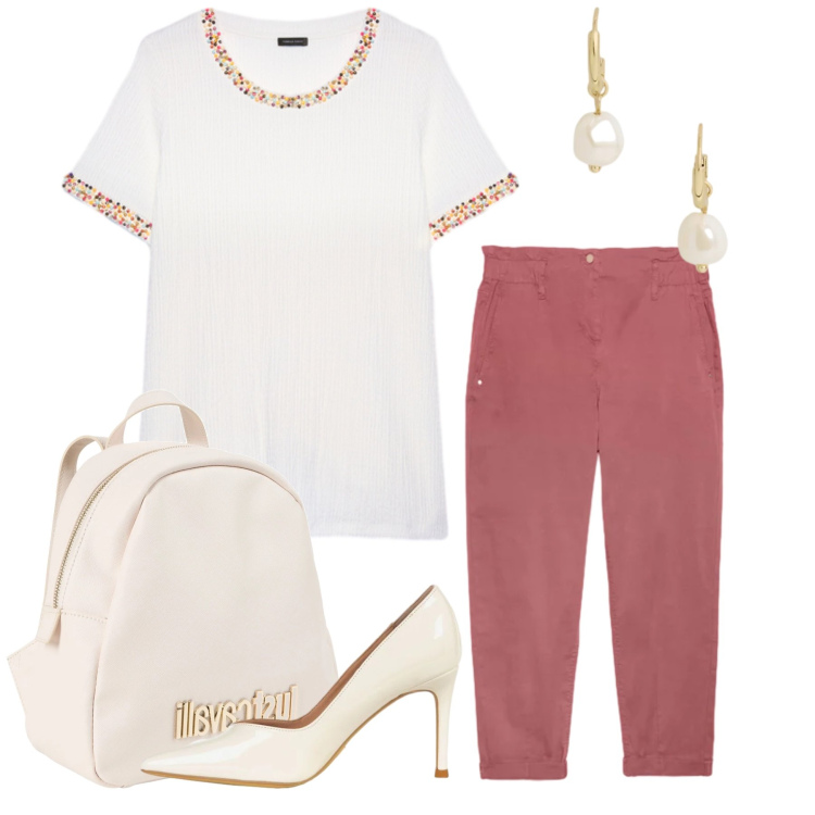 Outfit donna - Total look #2416447. Stile Casual chic per Tutti i giorni. Abbinamento con zaini, décolleté, t-shirt, pantaloni, orecchini.