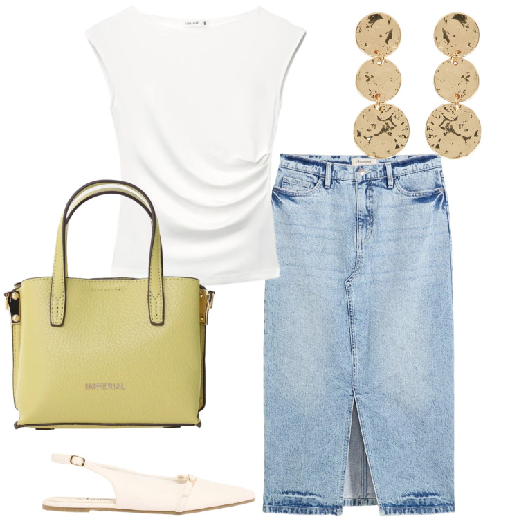 Outfit donna - Total look #2416449. Stile Casual chic per Tutti i giorni. Abbinamento con gonne longuette, ballerine, top, borse a tracolla, orecchini.