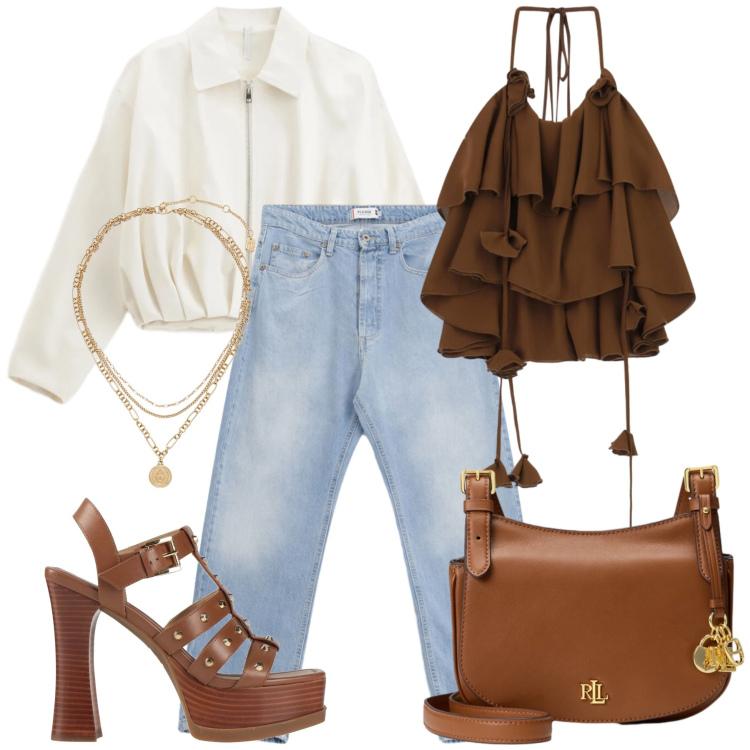Outfit donna - Total look #2416450. Stile Casual chic per Tutti i giorni. Abbinamento con sandali in pelle, bomber, top, jeans, ciondoli, borse a tracolla.