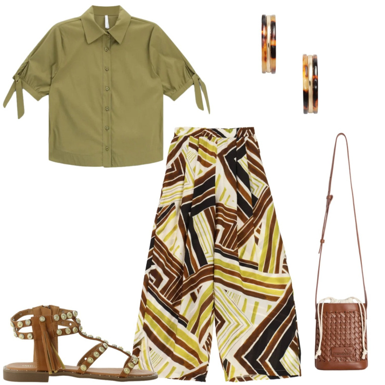 Outfit donna - Passeggiata estiva. Stile Casual per Tutti i giorni. Abbinamento con camicie a manica corta, sandali, borse a secchiello, pantaloni a palazzo, orecchini.