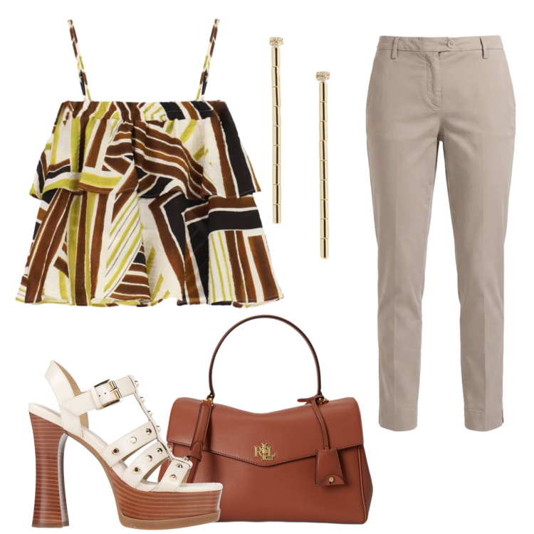 Outfit donna - Total look #2416452. Stile Casual chic per Tutti i giorni. Abbinamento con sandali in pelle, pantaloni, top, orecchini, borse a mano.