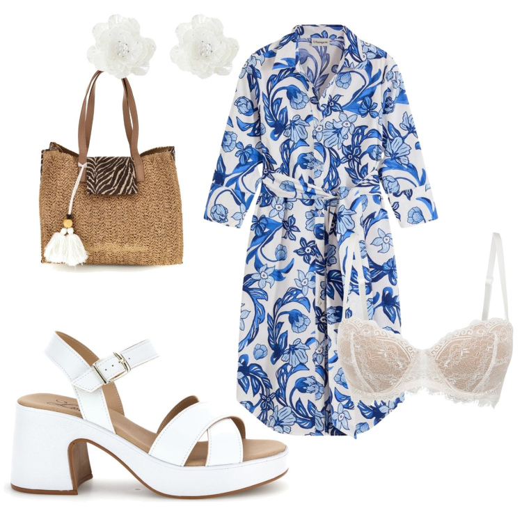 Outfit donna - Summer!. Stile Chic per Mare. Abbinamento con reggiseni a balconcino, vestiti chemisier, orecchini, sandali col tacco, borse a spalla.