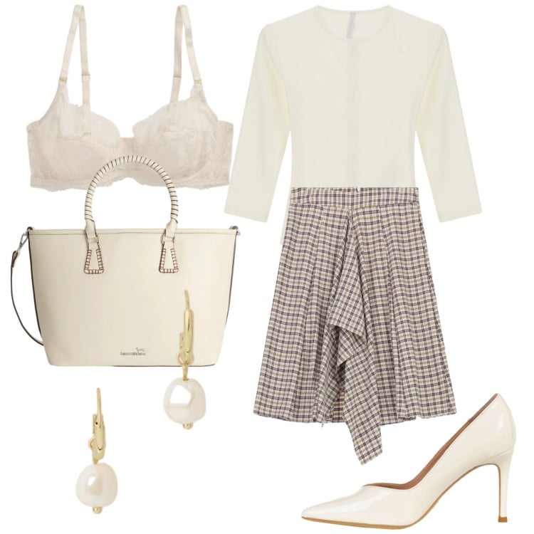 Outfit donna - Total look #2416454. Stile Chic per Cerimonia. Abbinamento con décolleté, top, shopping bag, gonne longuette, reggiseni, orecchini.