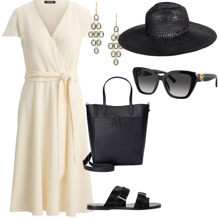 Outfit donna - Diva sotto il sole. per Tutti i giorni. Abbinamento con cappelli, vestiti chemisier, occhiali da sole, borse tote, sandali in pelle, orecchini.