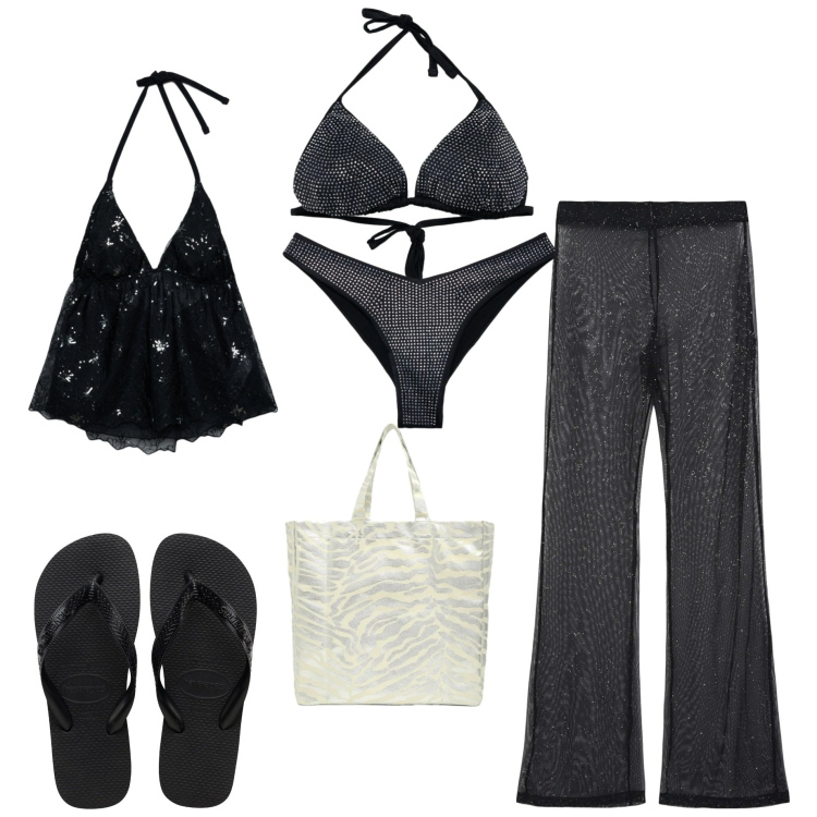 Outfit donna - Terranova beach State. Stile Glamour per Mare. Abbinamento con vestiti da spiaggia, shopping bag, top, bikini, bikini, ciabatte.