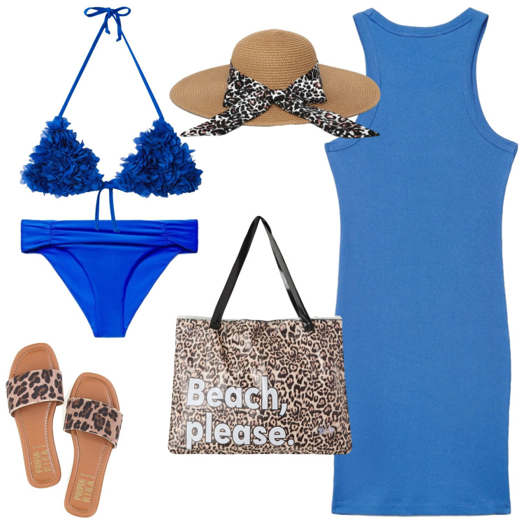 Outfit donna - Terranova beach state. Stile Glamour per Mare. Abbinamento con borse tote, bikini, cappelli, bikini, vestiti senza maniche, ciabatte.