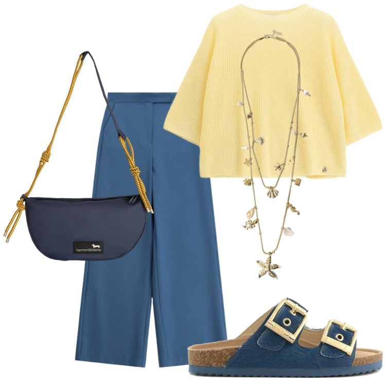 Outfit donna - City Summer. Stile Trendy per Tutti i giorni. Abbinamento con collane, borse a tracolla, maglieria, pantaloni a palazzo, sandali in pelle.