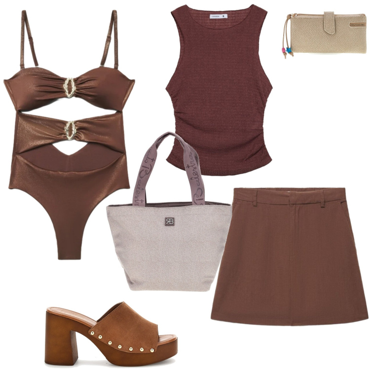 Outfit donna - Terranova beach State. Stile Casual chic per Mare. Abbinamento con top, costumi interi, shorts, portafogli, sandali in pelle, shopping bag.
