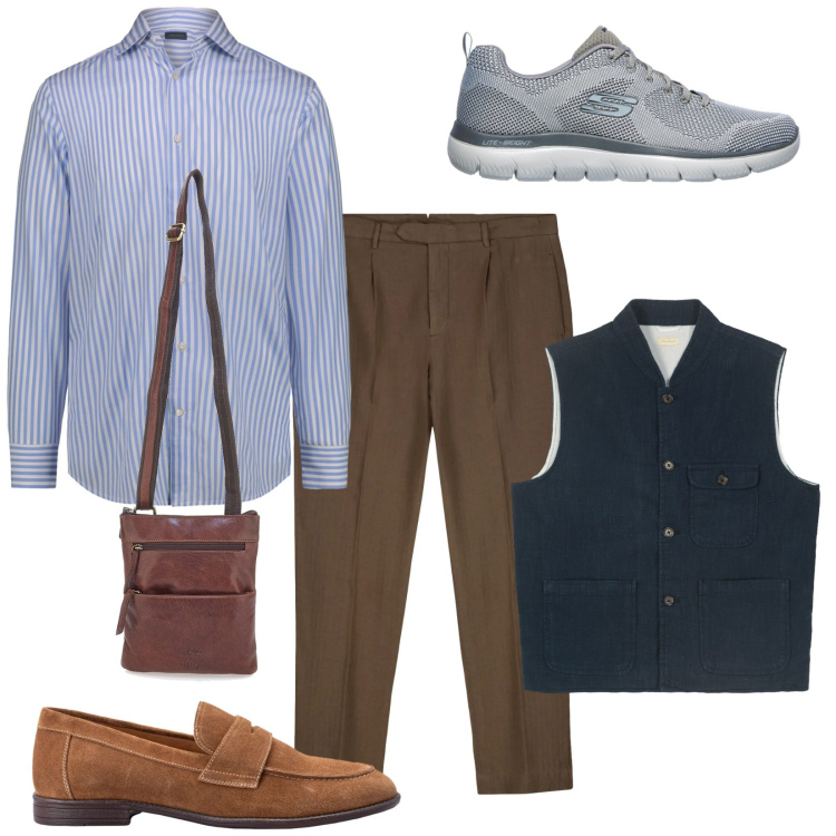 Outfit uomo - Dall\'ufficio all apericena. Stile Trendy per Tutti i giorni. Abbinamento con pantaloni, camicie, scarpe stringate, gilet, scarpe sportive, portafogli.