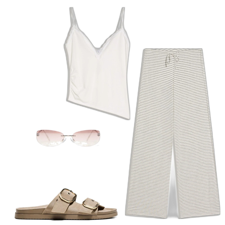 Outfit mujer - Basic look. Estilo Basic para Todos los días. Combinación con sandalias, pantalones, top, gafas de sol.