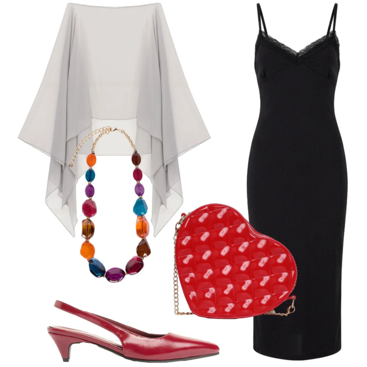 Outfit donna - Leggerezza. Stile Chic per Serata fuori. Abbinamento con décolleté, vestiti midi/longuette, borse a tracolla, cappe, collane.