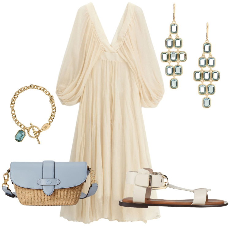 Outfit donna - Retro\'. Stile Romantica Abbinamento con sandali alla schiava, vestiti lunghi, borse a spalla, orecchini, braccialetti.